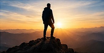 A person standing on a mountain summit at sunrise