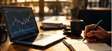 A laptop showing a price chart beside a notebook and coffee