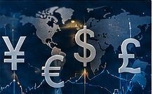 Yen, euro, dollar, and pound symbols over a world map