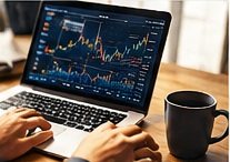 Hands typing on a laptop showing a chart, beside a coffee mug