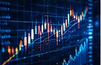 A rising candlestick chart on a blue screen